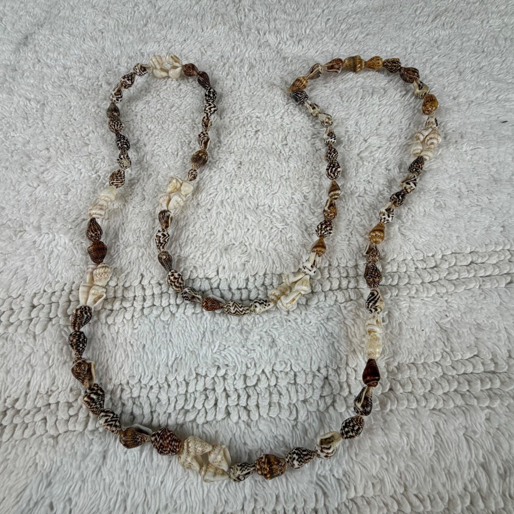 Natural Cone Shell Necklace Long Strand Brown Cream Boho Beachy Vintage